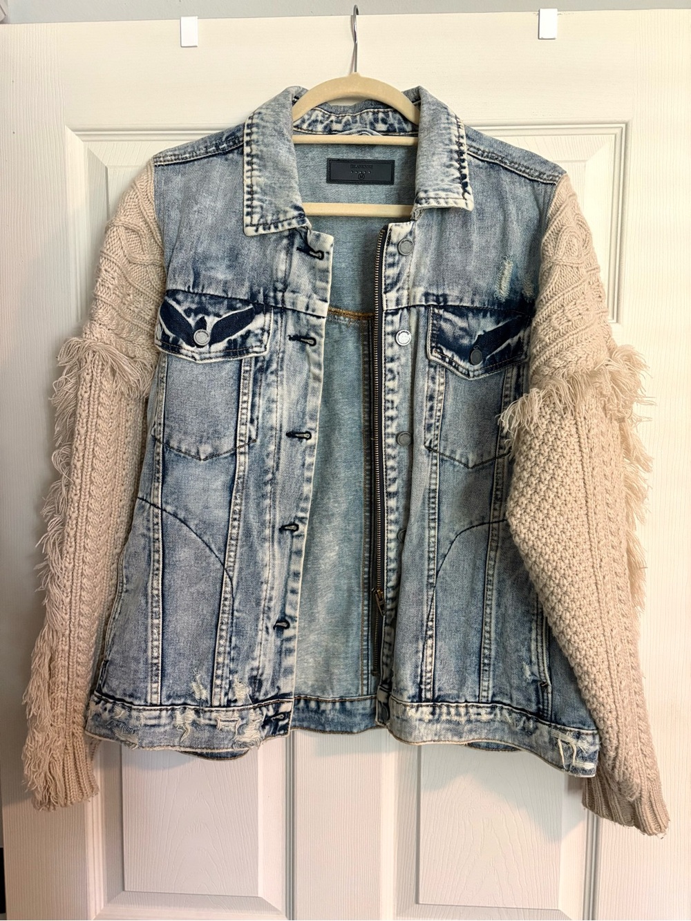 Blank NYC Acid-Wash Denim Jacket with Cream Knit Sleeves